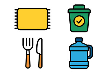 Colorful collection of four household items representing dining and waste management