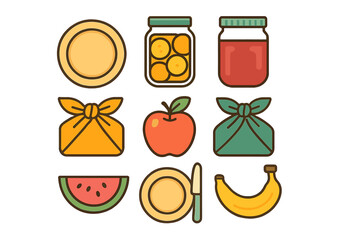 Collection of picnic and lunch items including fresh fruit, preserved jars, plates, and wrapped food bundles