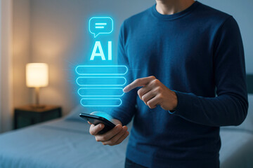 Person using smartphone with glowing AI chatbot interface in a room artificial intelligence technology