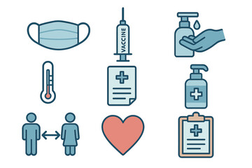 Essential medical symbols for health safety including face mask syringe thermometer and social distancing