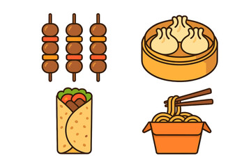 Popular street food icons featuring meat skewers, steamed dumplings, savory wrap, and takeout noodles