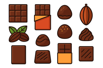 Assortment of dark chocolate candies, bars, bonbons, and natural cocoa ingredients on white background