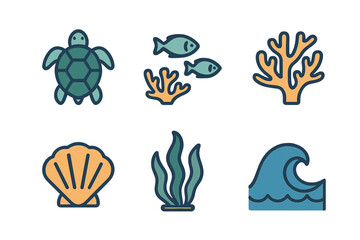 Colorful collection of underwater icons featuring sea turtle, tropical fish, coral, seashell, seaweed, and ocean wave