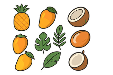 Colorful set of tropical fruits and exotic leaves including pineapple mango and coconut