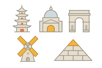 Famous global travel destinations and historical architectural landmarks in simplified flat design