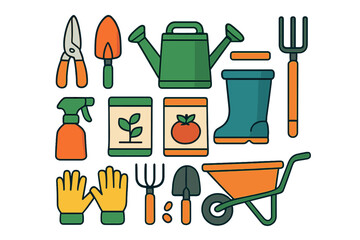 Collection of essential garden equipment and supplies including watering can, boots, gloves, and hand tools