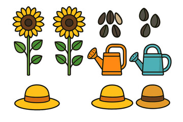 Gardening and summer objects set featuring sunflowers, watering cans, straw hats, and seeds
