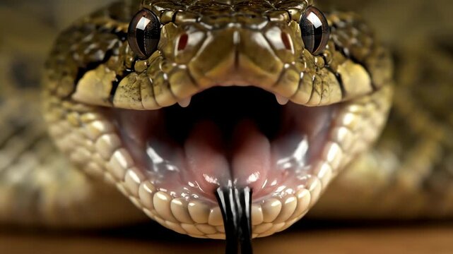Close-Up of a Rattlesnakes Face and Open Mouth Showing Fangs.