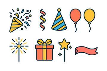 Festive celebration elements including party hat, gift box, balloons, sparkler, and confetti popper