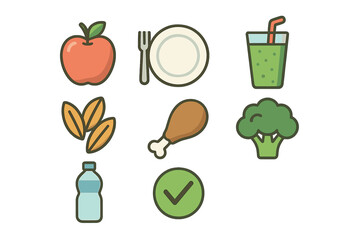Set of healthy food and drink items including fruit, vegetables, protein, grains, and hydration symbols