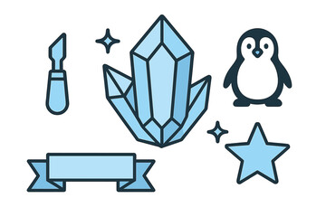 Blue outlined icons featuring crystal, penguin, scalpel, star, and ribbon banner symbols