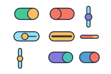Colorful modern user interface elements set including toggle switches, sliders, and progress bars for web and mobile apps