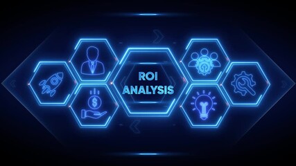 ROI Analysis Business Strategy Hexagon Icons Neon Glow roi analysis finance - Powered by Adobe