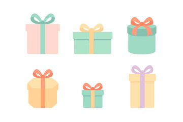 Six pastel colored gift boxes with ribbons for holidays and celebrations