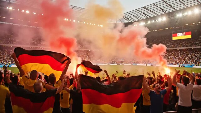 German Fans Celebrate with Flags and Smoke in Stadium.