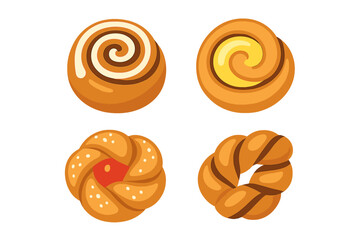 Fresh baked sweet rolls and buns assortment with various toppings and fillings