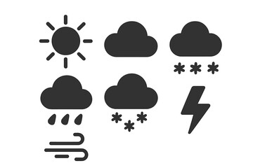 Basic weather forecast symbols set featuring sun, clouds, rain, snow, wind, and lightning