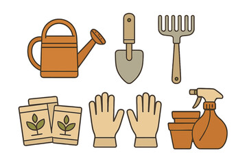 Essential gardening tools set including watering can, trowel, rake, gloves, and seed packets