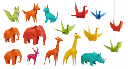 Colorful origami animals and birds isolated on a transparent background