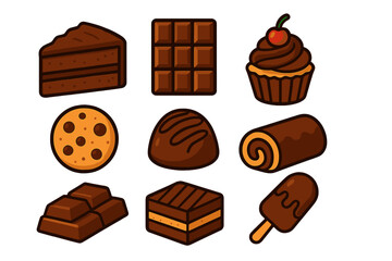 Collection of delicious chocolate desserts and sweet treats including cake, cookie, cupcake, and candy bar