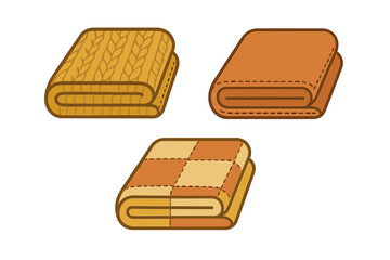Set of cozy folded textile blankets including knitted, solid color, and patchwork designs