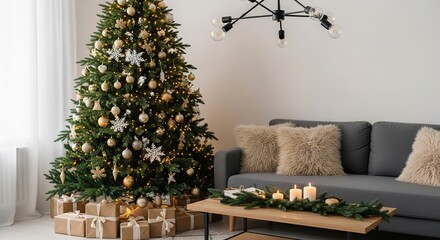 Luxury home interior design of a cozy living room with a decorated tree and colorful gift boxes near a couch and armchair