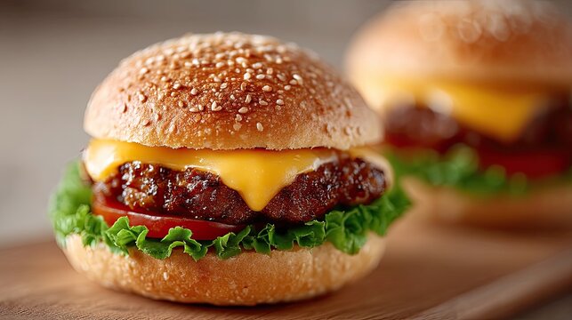 Delicious cheeseburger with fresh lettuce and ripe tomato on a sesame seed bun with a second burger blurred in the background on a wooden board with soft lighting