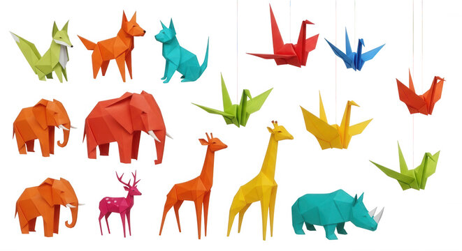 Colorful origami animals and birds isolated on a transparent background - Powered by Adobe
