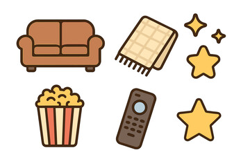 Cozy evening elements including sofa, snack, remote control, and warm blanket