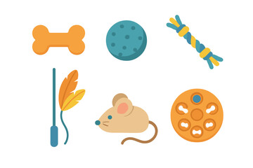 Colorful collection of pet toys including bone, ball, rope, wand, mouse, and puzzle feeder