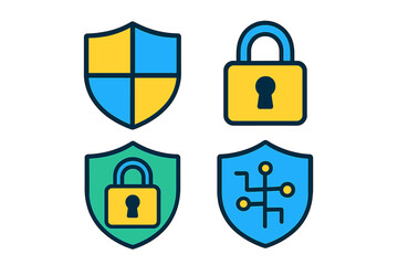 Four distinct graphic symbols representing cybersecurity protection and data privacy concepts