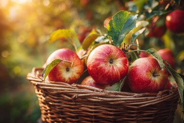 A rustic wicker basket brimming with freshly picked, ripe red apples, illuminated by soft sunlight filtering through apple tree branches, showcasing autumn harvest.