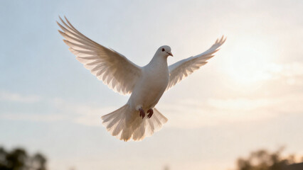 Obraz premium A single white dove flying with outstretched wings against a soft morning sky with sun rays. wildlife magazines, conservation campaigns, designed for nature documentaries and education.