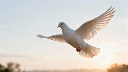 Obraz premium A single white dove flying with outstretched wings against a soft morning sky with sun rays. wildlife magazines, conservation campaigns, designed for nature documentaries and education.