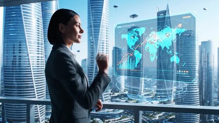 Futuristic Businesswoman Interacting with Holographic World Map in Modern City. - Powered by Adobe