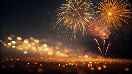 Bright fireworks exploding in the night sky over a bokeh cityscape