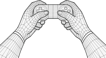 Outline Hands Holding Retro Game Controller Vector Illustration of Gaming Joystick in Vintage Style for Gamer, Digital Art, and Technology Themes © Fizzvect