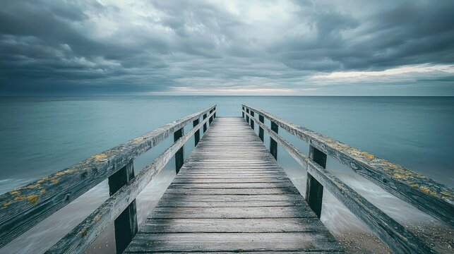 A wooden pier extending into the calm, blue ocean under a cloudy sky.