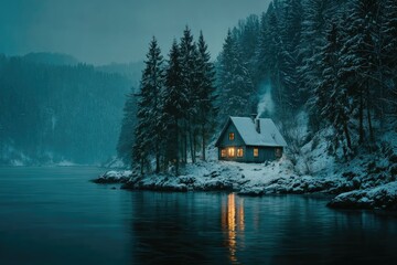 A serene winter landscape of a wooden cabin by a frozen lake