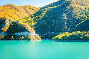 Scenic view of turquoise Zhinvali Reservoir in Georgia, surrounded by colorful autumn forest and mountain slopes under a clear blue sky. Peaceful nature and travel destination in the Caucasus