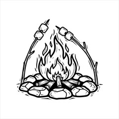 Fototapeta premium A black and white line art illustration of marshmallows being roasted on sticks over a campfire.