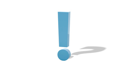 Blue exclamation mark casting a question mark shadow, concept of doubt behind confidence, 3d render