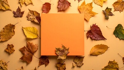 Autumnal Still Life with Blank Orange Card and Fallen Leaves.