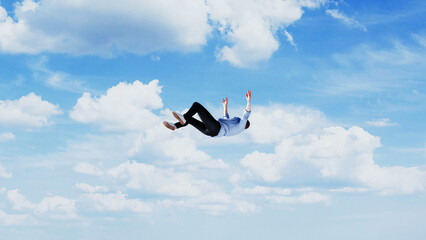 Man falling freely through the sky among clouds, concept of losing control, failure or sudden downfall, 3d render