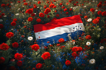 a black and white Netherlands independence Day celebration abstract background in national flag colours with flowers.