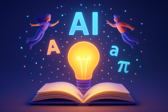 Stylized AI light bulb with floating figures and symbols above open book artificial intelligence idea - Powered by Adobe