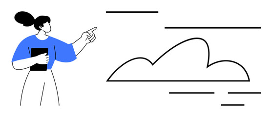 Woman holding tablet and pointing at abstract cloud graphic with dynamic lines. Ideal for cloud computing, tech innovation, digital transformation, data storage, modern business, education, simple
