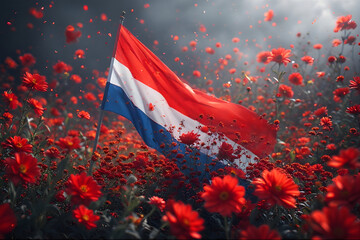 a black and white Netherlands independence Day celebration abstract background in national flag colours with flowers.