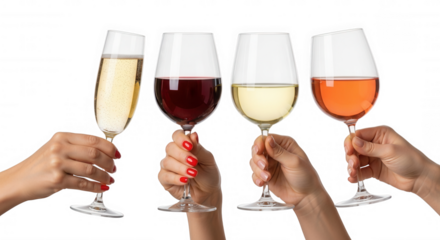 Four assorted wines held by hands isolated on a transparent background