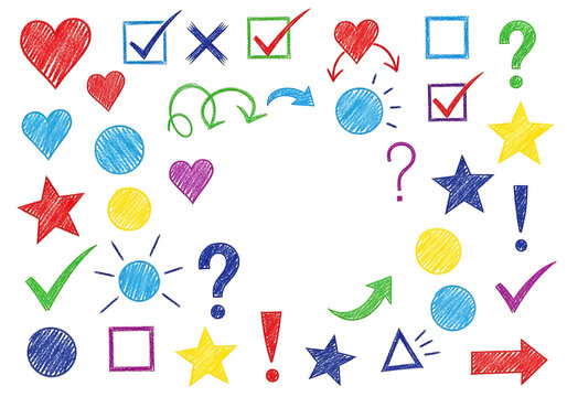 Hand drawn colorful doodle elements isolated on white background, including hearts, arrows, stars, and checkmarks